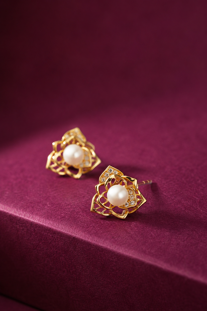 925 Sterling Silver Rosette Pearl Stud Earrings