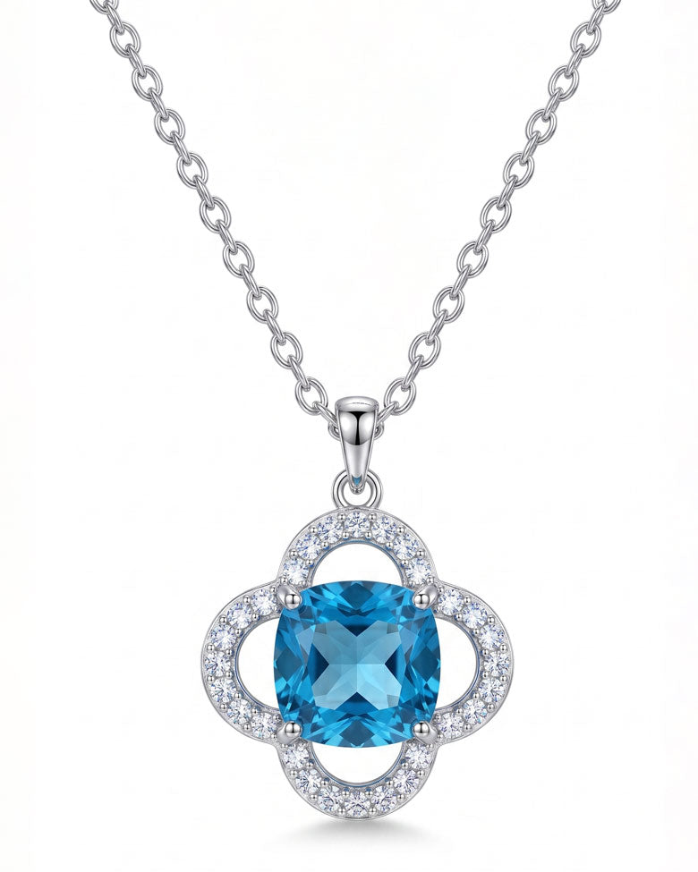 925 Sterling Silver Clover Pendant Necklace with blue centre stone and brilliant accents