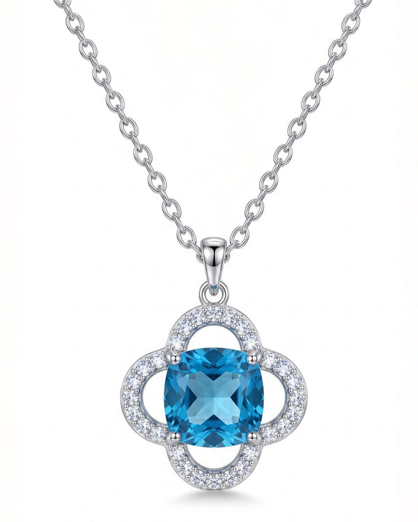 925 Sterling Silver Clover Pendant Necklace with blue centre stone and brilliant accents