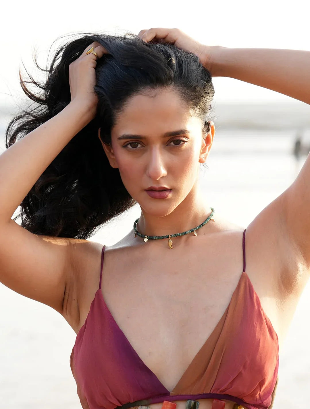Model wearing PEHRO 925 Sterling Silver Grandidierite Charm Choker Necklace
