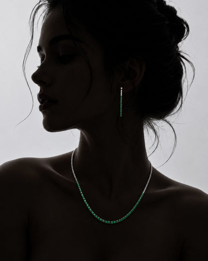 Model wearing PEHRO 925 Sterling Silver Emerald Tennis Necklace Set