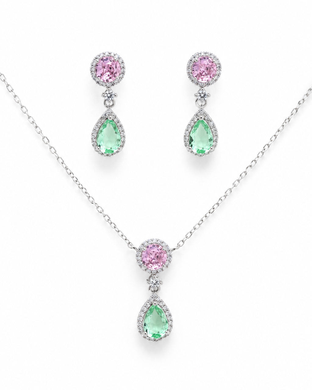 PEHRO 925 Sterling Silver Pink & Green Pendant Set