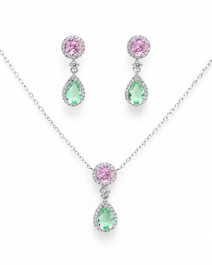 PEHRO 925 Sterling Silver Pink & Green Pendant Set