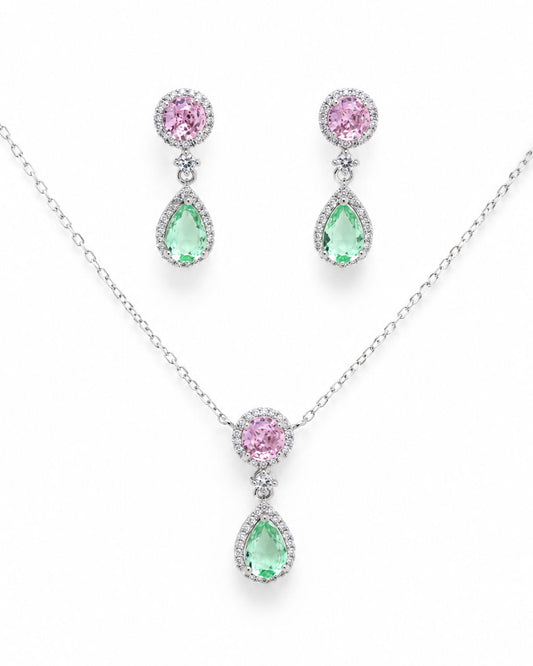 PEHRO 925 Sterling Silver Pink & Green Pendant Set