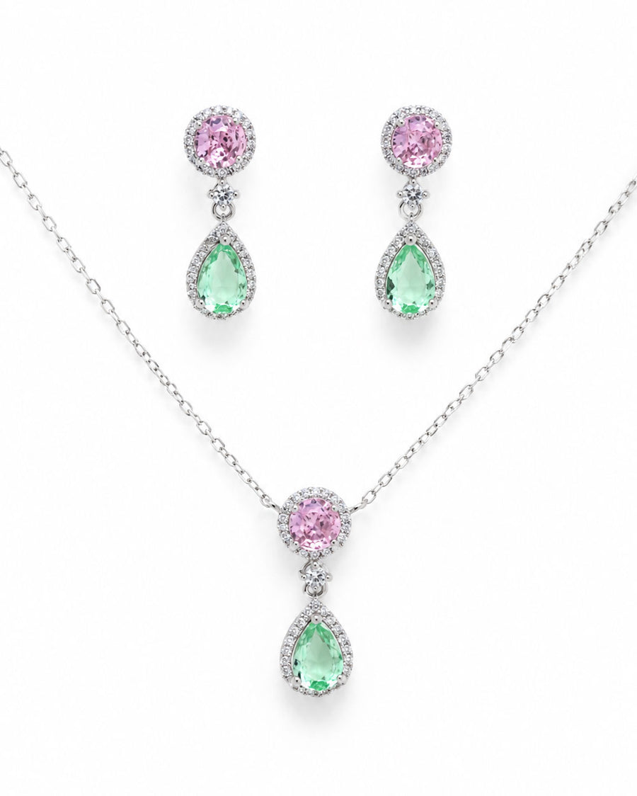 PEHRO 925 Sterling Silver Pink & Green Pendant Set