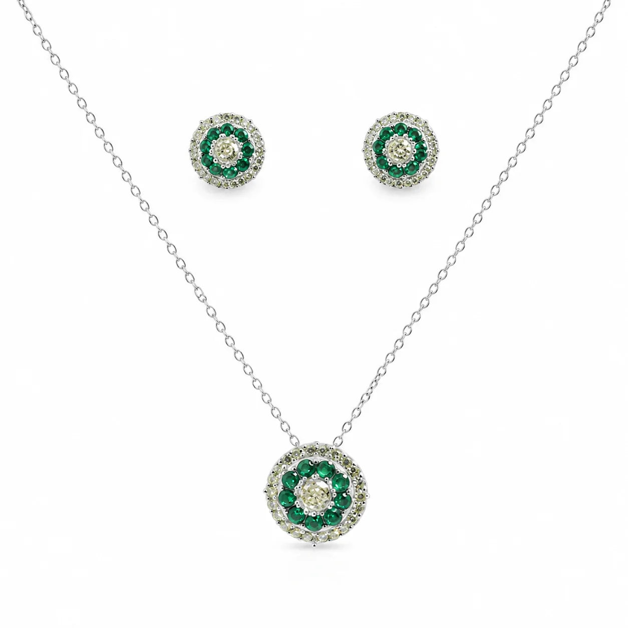 925 sterling silver emerald necklace and matching earrings with green gemstones