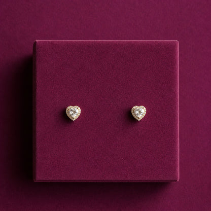 925 sterling silver gold plated heart stud earrings with sparkling centre stone and halo detailing