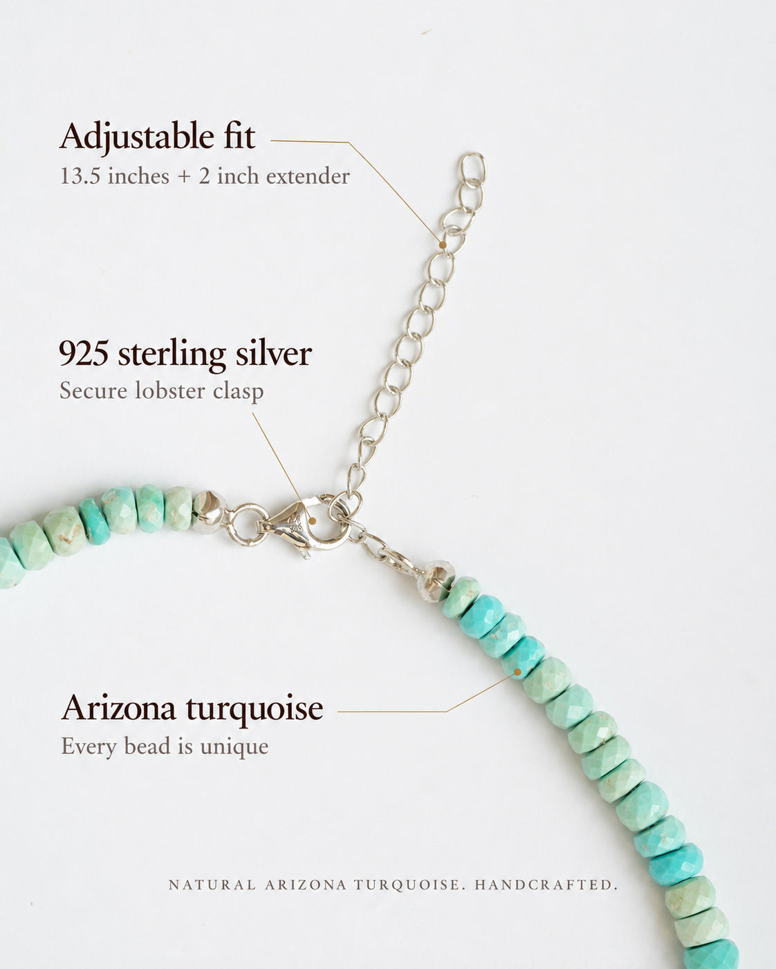Arizona turquoise necklace showing adjustable fit, 925 sterling silver lobster clasp, and natural turquoise bead