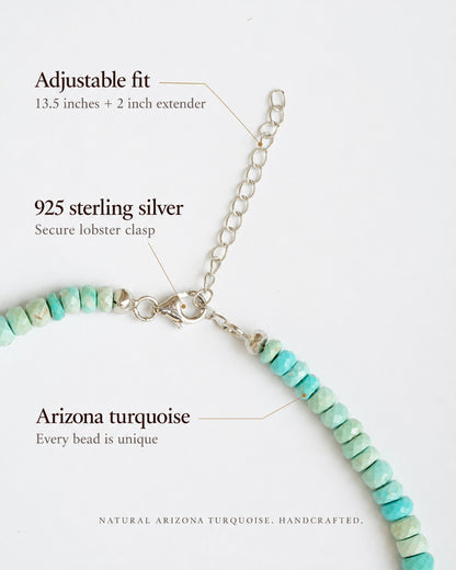 Arizona turquoise necklace showing adjustable fit, 925 sterling silver lobster clasp, and natural turquoise bead