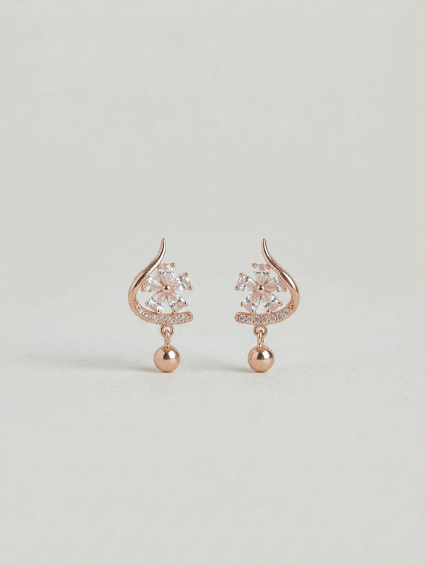 PEHRO 925 Sterling Silver rose gold floral drop earrings with clear stones