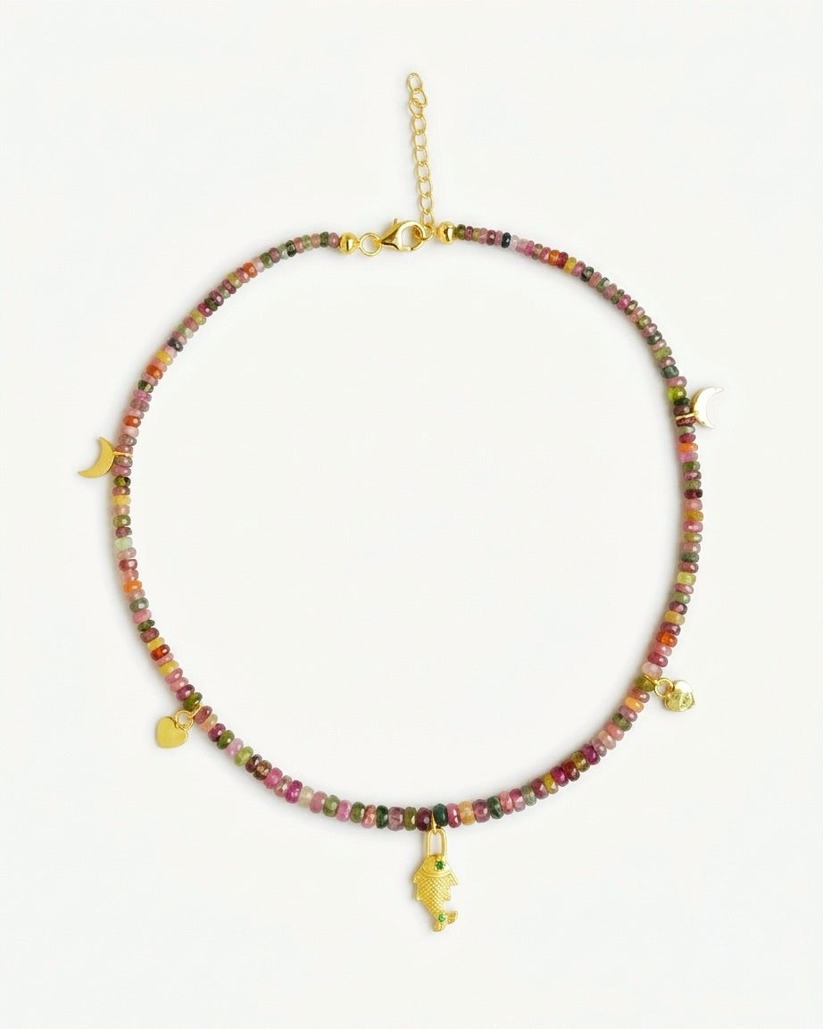 natural multi tourmaline rondelle beads in pink, green, gold and plum on the Saatrangi charm choker necklace