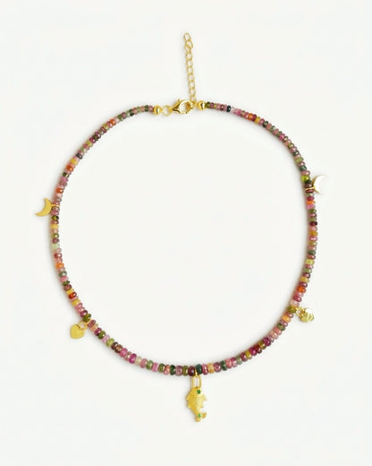natural multi tourmaline rondelle beads in pink, green, gold and plum on the Saatrangi charm choker necklace