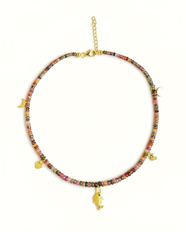 natural multi tourmaline rondelle beads in pink, green, gold and plum on the Saatrangi charm choker necklace
