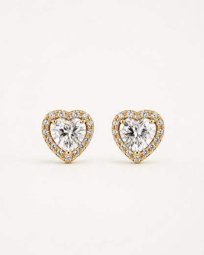 Close-up of the heart-cut halo stud earrings by PEHRO