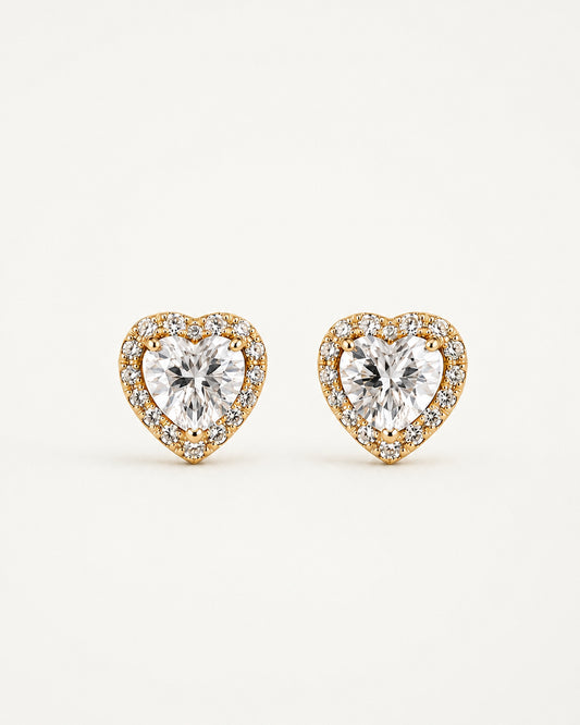 Close-up of the heart-cut halo stud earrings by PEHRO