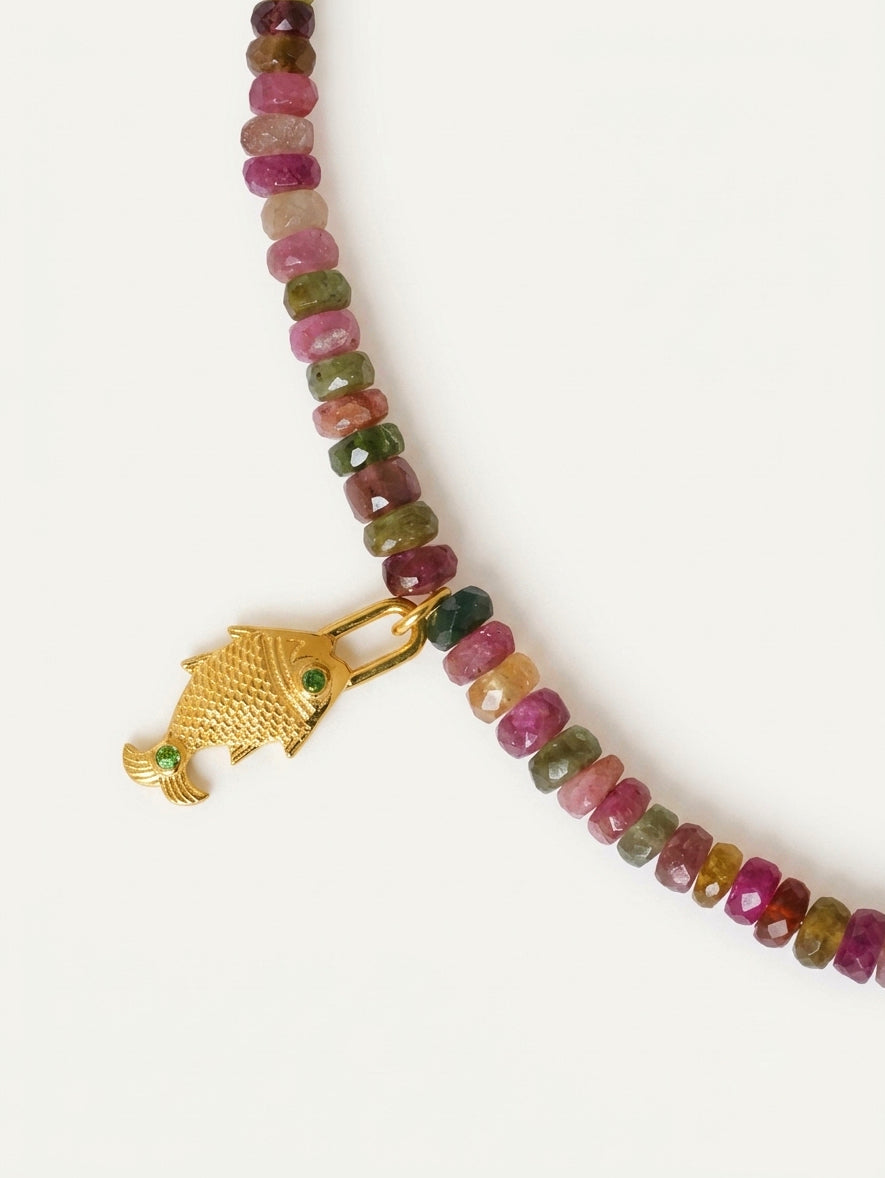 925 sterling silver fish charm with green stone eye on the Saatrangi tourmaline choker necklace