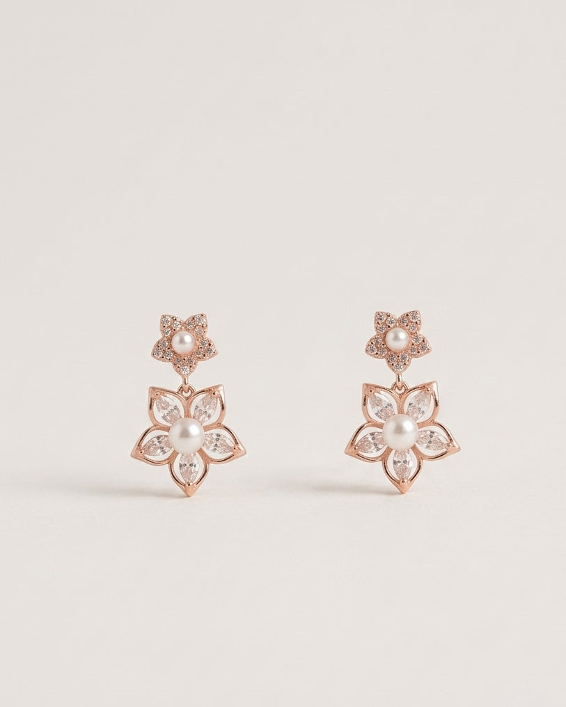 925 sterling silver pearl floral drop earrings with rose gold finish