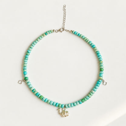 925 sterling silver Arizona turquoise charm choker necklace with natural turquoise beads and silver extender chain on a white background