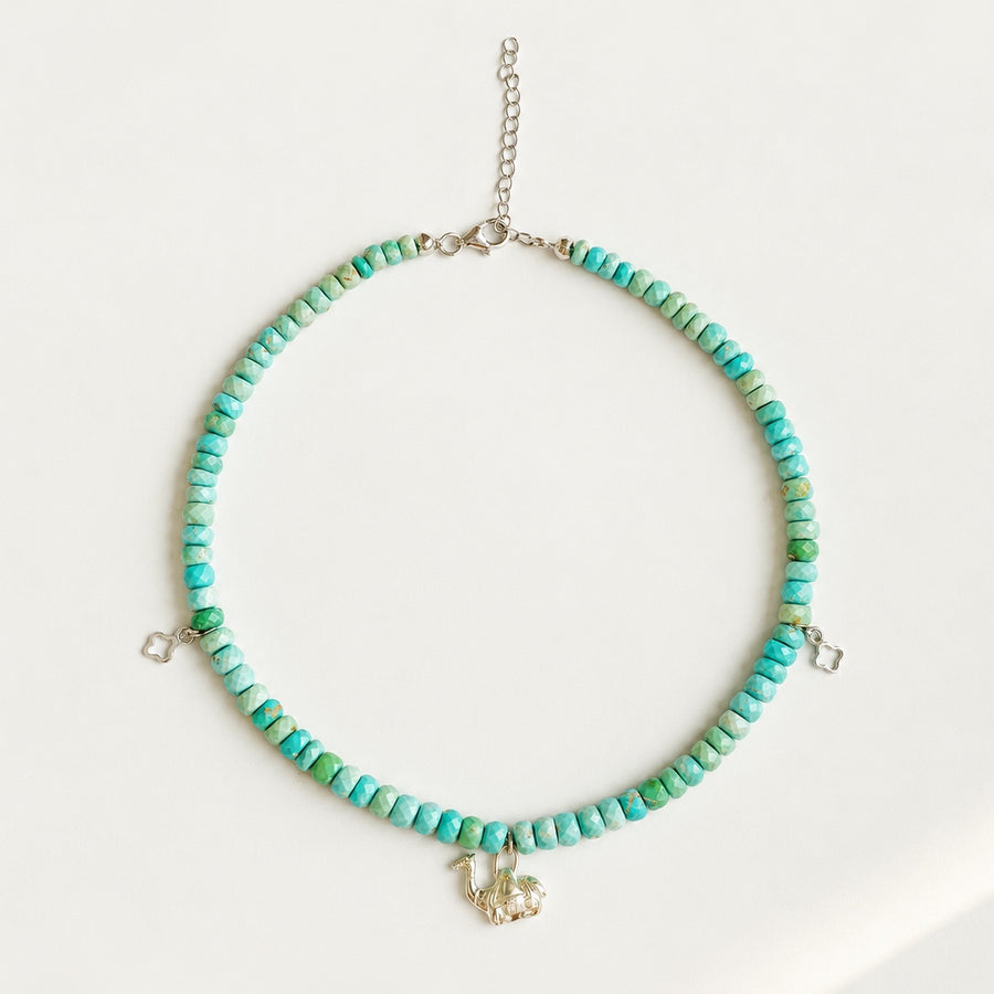 925 sterling silver Arizona turquoise charm choker necklace with natural turquoise beads and silver extender chain on a white background