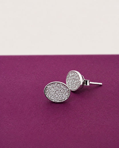 PEHRO 925 Sterling Silver Oval Pavé Stud Earrings