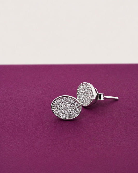 PEHRO 925 Sterling Silver Oval Pavé Stud Earrings