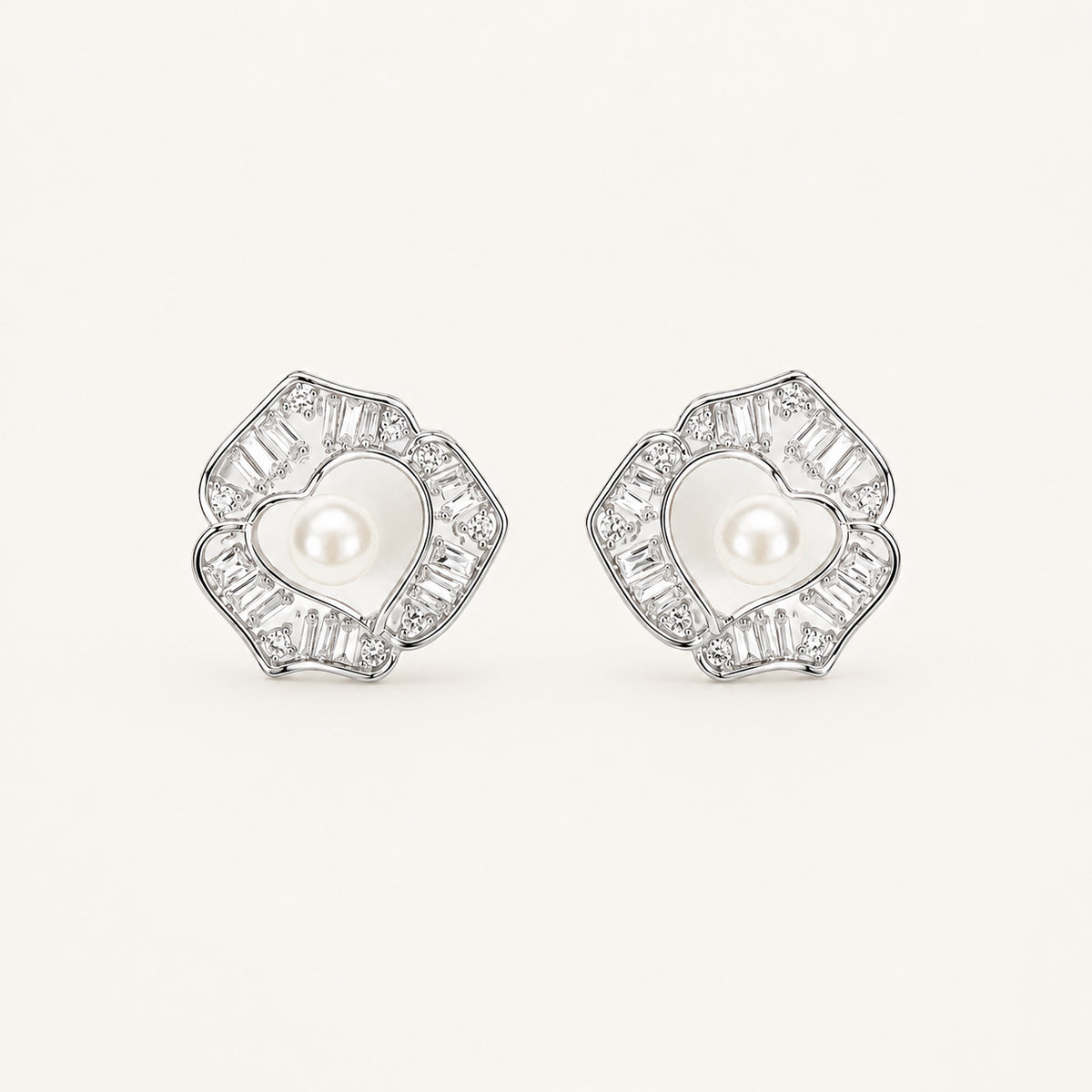 925 sterling silver pearl heart stud earrings with floral detailing and luminous pearl centers