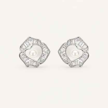 925 sterling silver pearl heart stud earrings with floral detailing and luminous pearl centers
