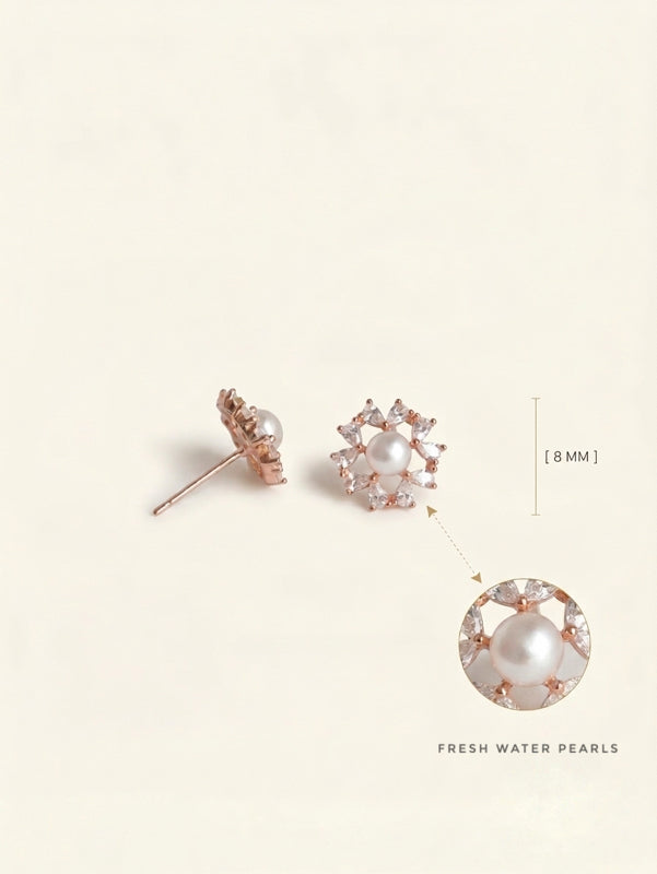 Infographic of PEHRO 925 Sterling Silver Pearl Bloom floral stud earrings with pearl centre and sparkling stones 