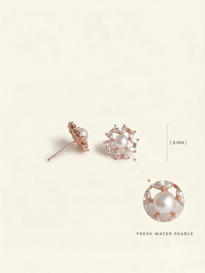 Infographic of PEHRO 925 Sterling Silver Pearl Bloom floral stud earrings with pearl centre and sparkling stones 