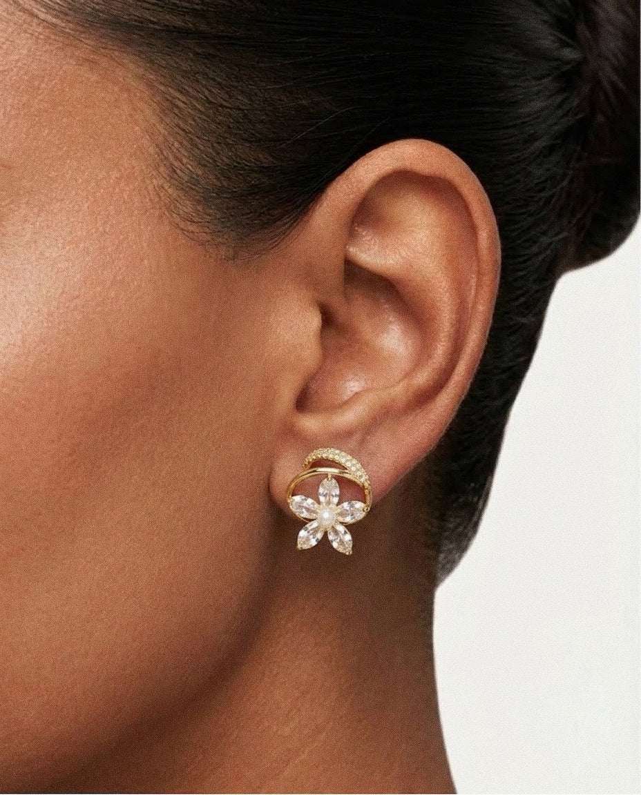 925 Sterling Silver Floral Ear Cuff Stud Earrings