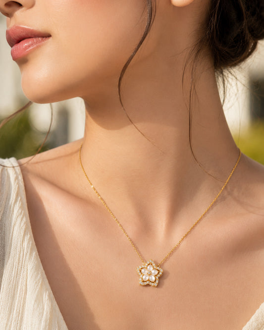 Model wearing PEHRO 925 Sterling Silver Blossom Pendant Necklace