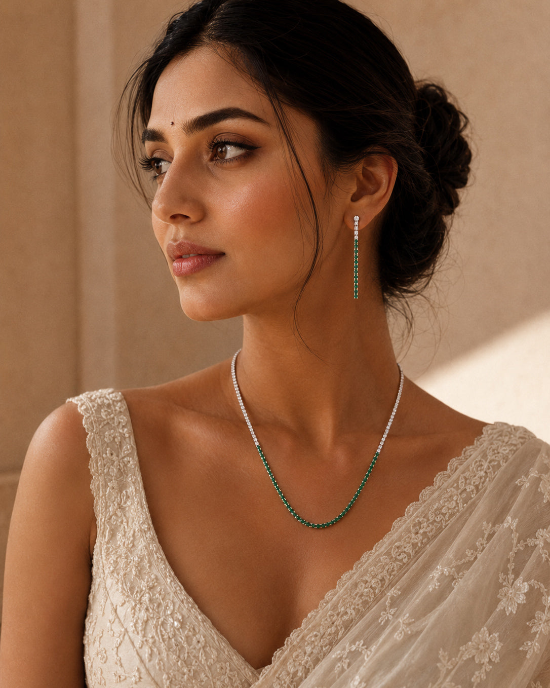 Model wearing PEHRO 925 Sterling Silver Emerald Tennis Necklace Set