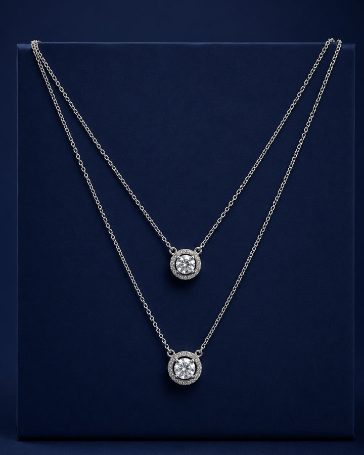 PEHRO 925 Sterling Silver Aurora Halo Pendant Necklace displayed on a navy blue luxury background