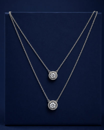 PEHRO 925 Sterling Silver Aurora Halo Pendant Necklace displayed on a navy blue luxury background