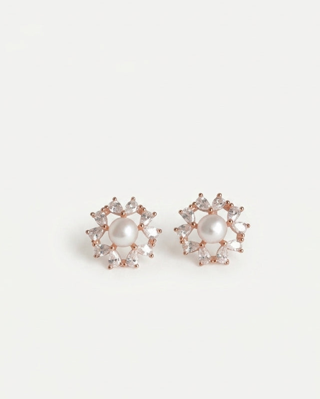 PEHRO 925 Sterling Silver Pearl Bloom floral stud earrings with pearl centre and sparkling stones