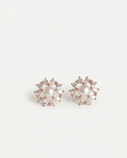 PEHRO 925 Sterling Silver Pearl Bloom floral stud earrings with pearl centre and sparkling stones