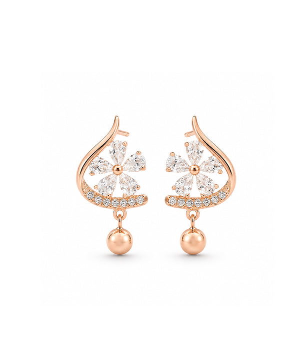 PEHRO 925 Sterling Silver rose gold floral drop earrings with clear stones