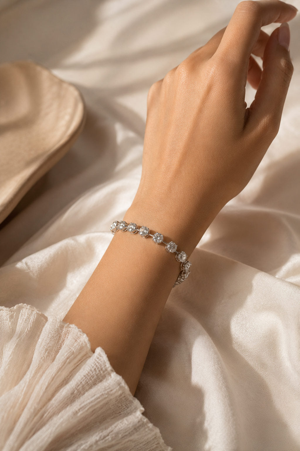 Close-up of the brilliant round stones on the PEHRO Celeste Tennis Bracelet