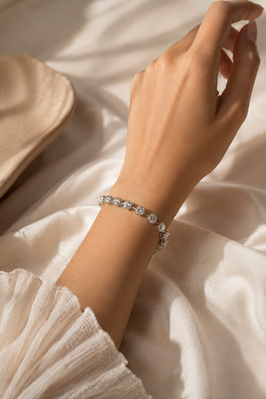 Close-up of the brilliant round stones on the PEHRO Celeste Tennis Bracelet