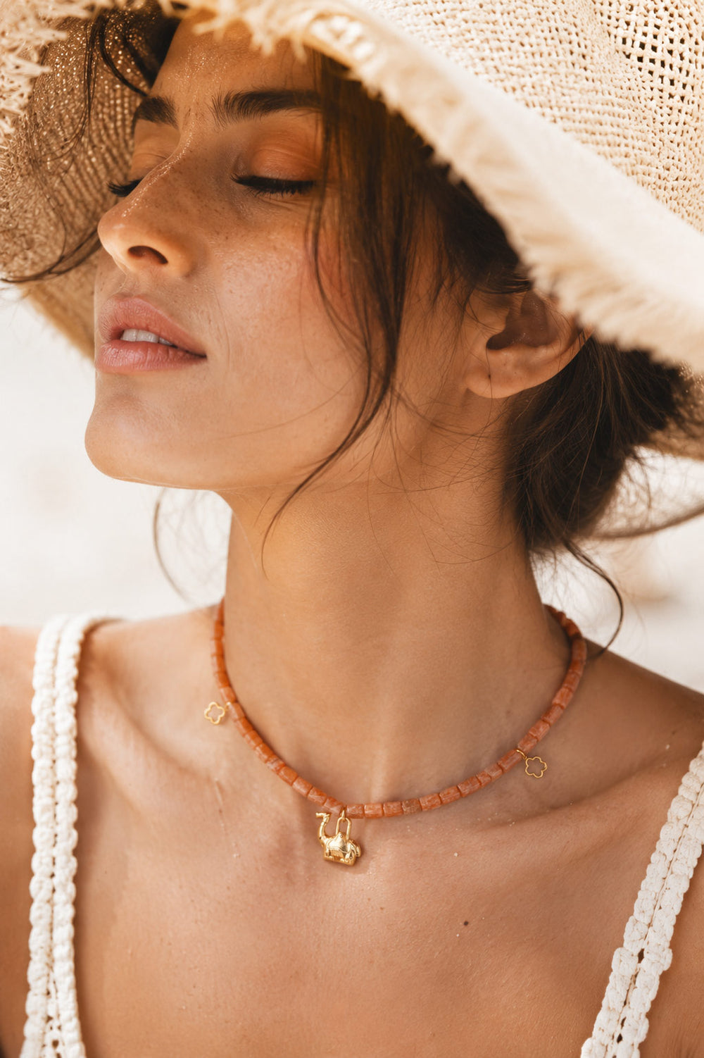 PEHRO Sunstone camel Choker with natural sunstone beads and elephant charm