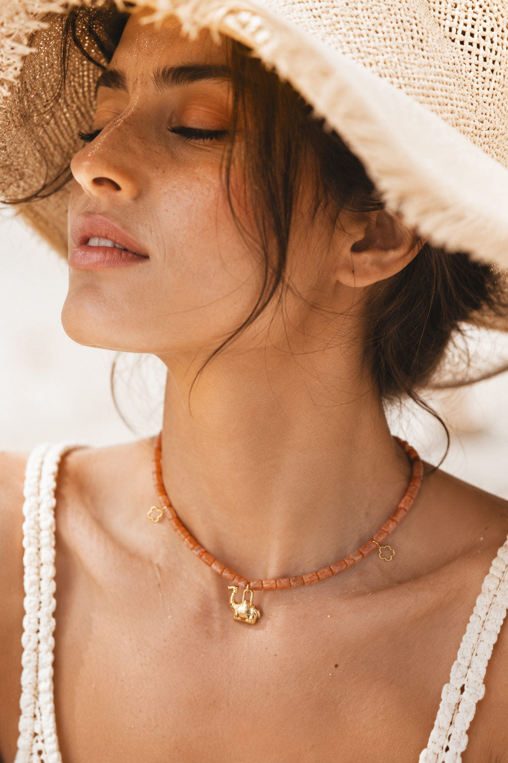 PEHRO Sunstone camel Choker with natural sunstone beads and elephant charm