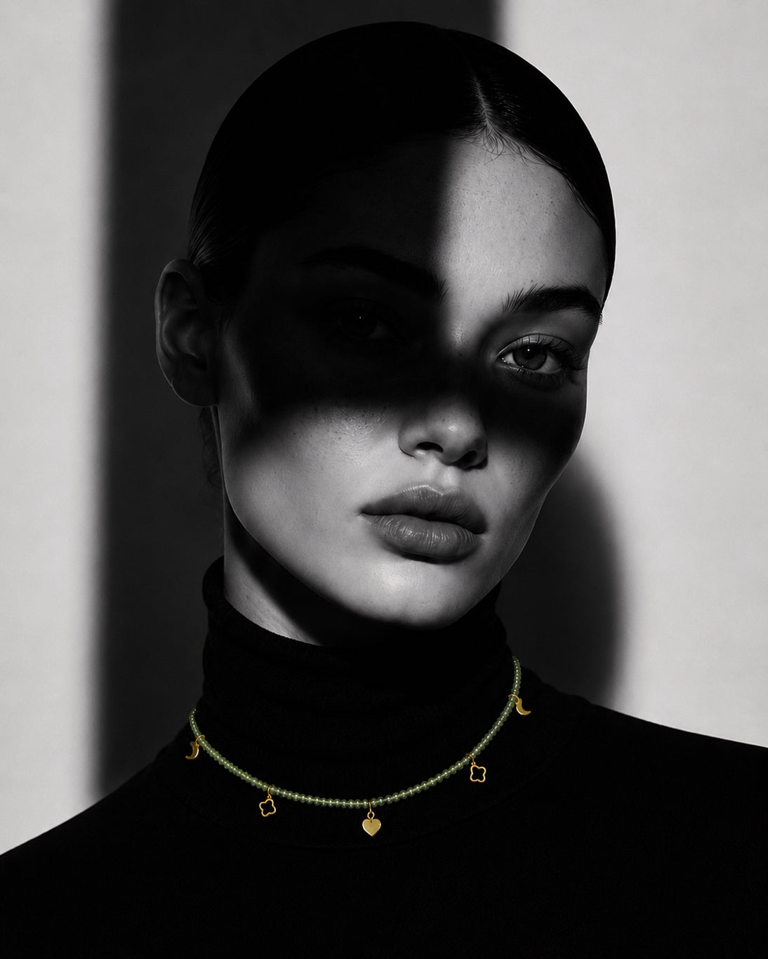 Woman wearing PEHRO Peridot beaded choker necklace with gold-finished charms