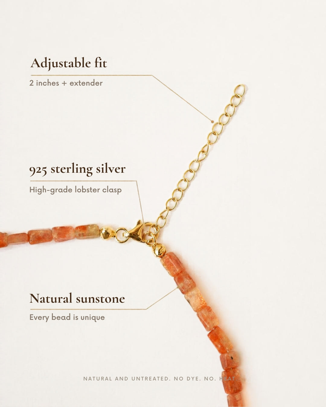 Close-up of a natural sunstone bead necklace with a gold-plated 925 sterling silver lobster clasp and adjustable extender chain