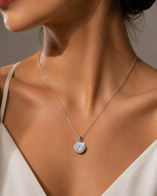 Woman wearing PEHRO 925 Sterling Silver 3 Carat Moissanite Halo Pendant