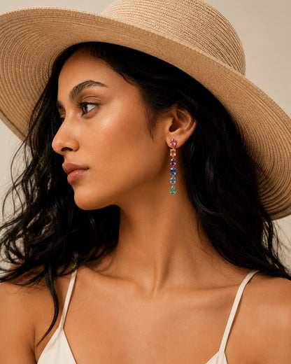 Woman wearing PEHRO 925 Sterling Silver Gold Vermeil Rainbow Drop Earrings