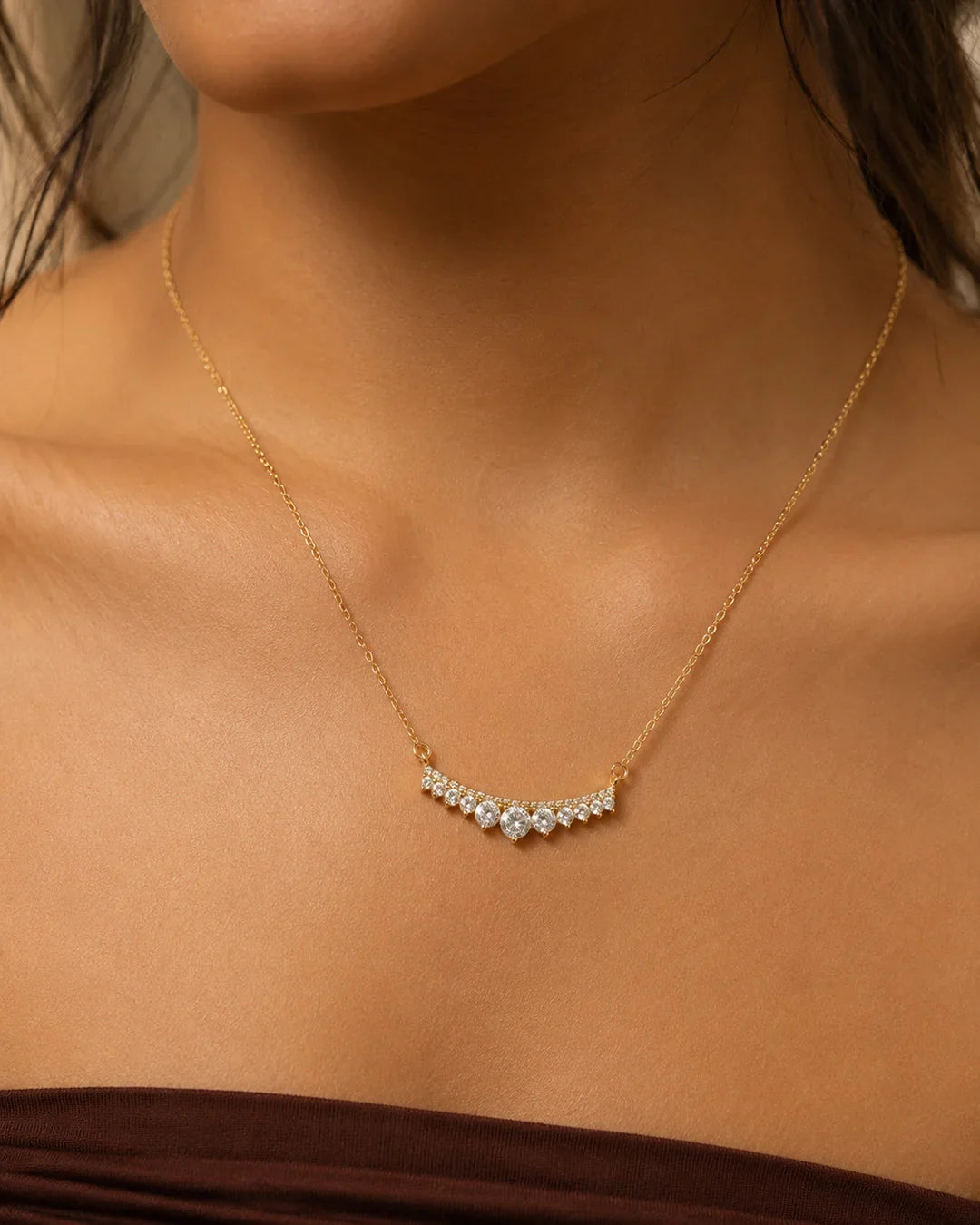 Celeste Arc Pendant Necklace in 925 Sterling Silver worn on model close up