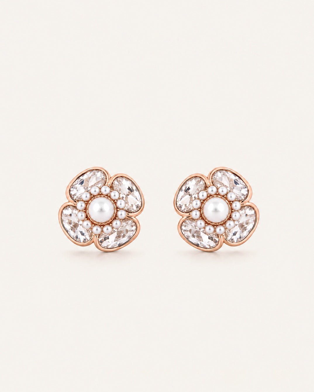 925 Sterling Silver Rose Gold Plated Pearl Flower Stud Earrings with Pearl Centre by PEHRO