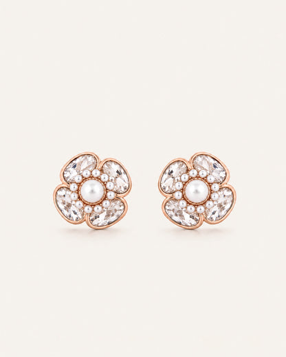 925 Sterling Silver Rose Gold Plated Pearl Flower Stud Earrings with Pearl Centre by PEHRO