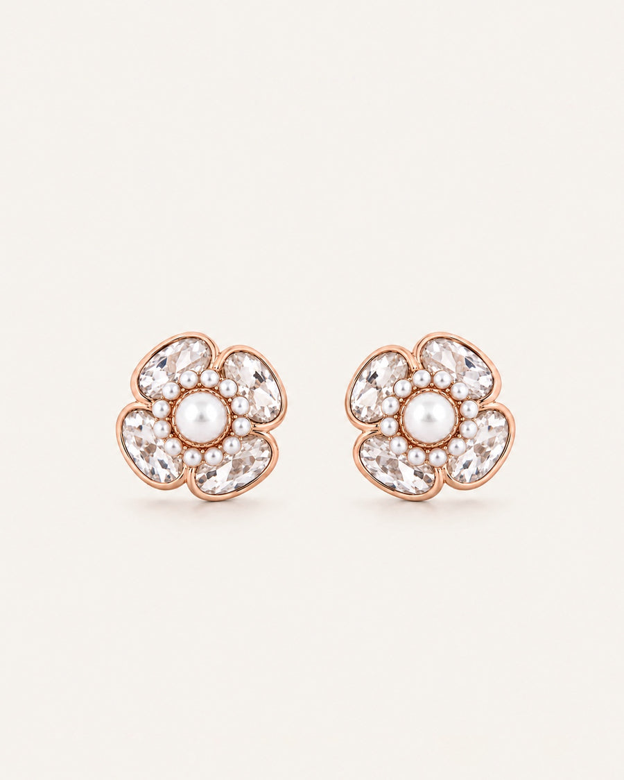 925 Sterling Silver Rose Gold Plated Pearl Flower Stud Earrings with Pearl Centre by PEHRO