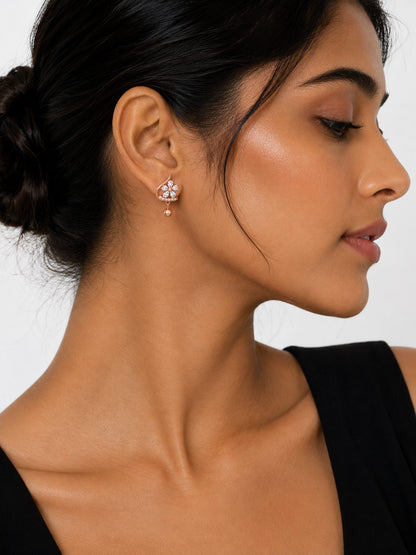 Woman wearing PEHRO 925 Sterling Silver Rose Gold Floral Drop Stud Earrings